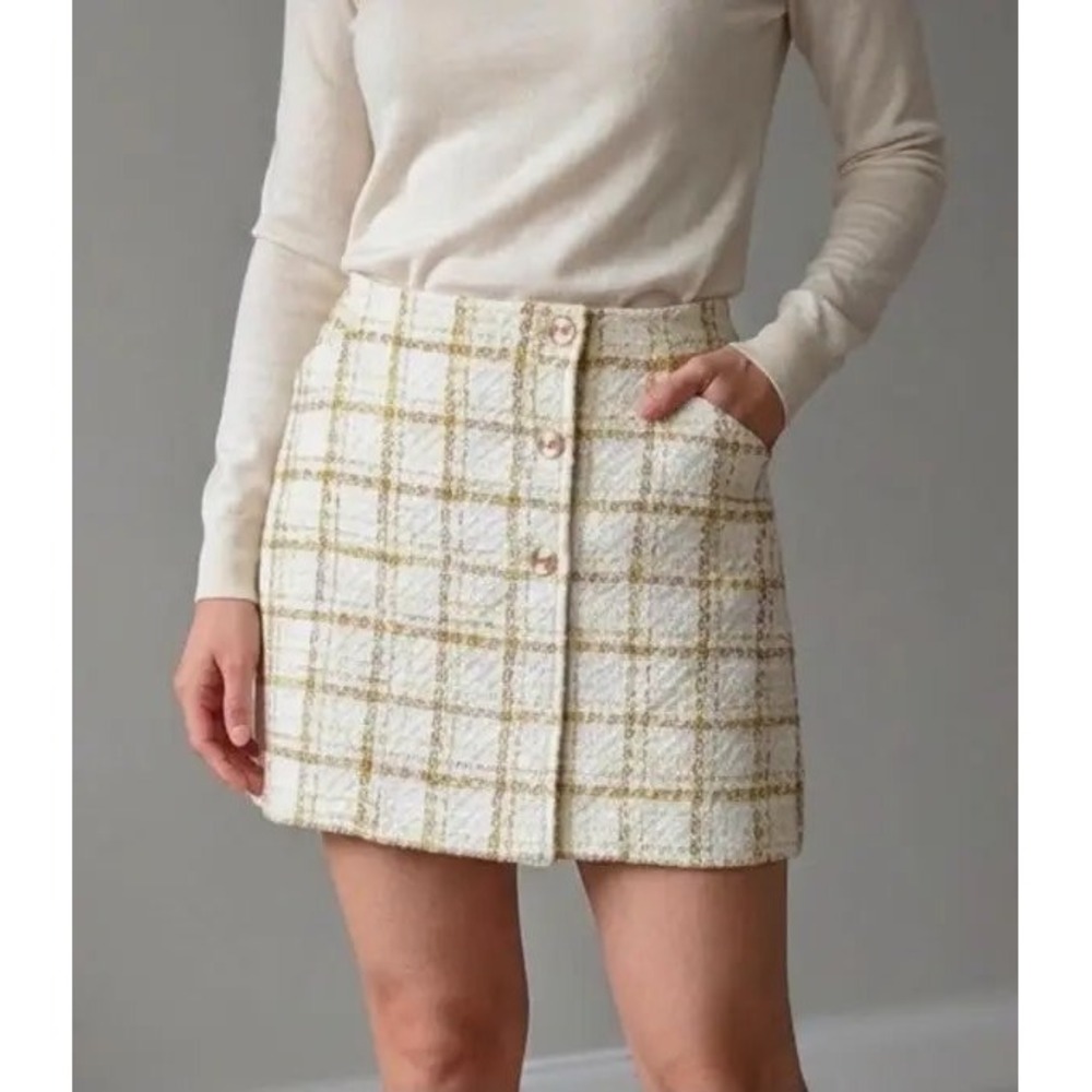 cabi Skirt Women's Tweed Plaid Button Front Mini Cream Yellow Size 8